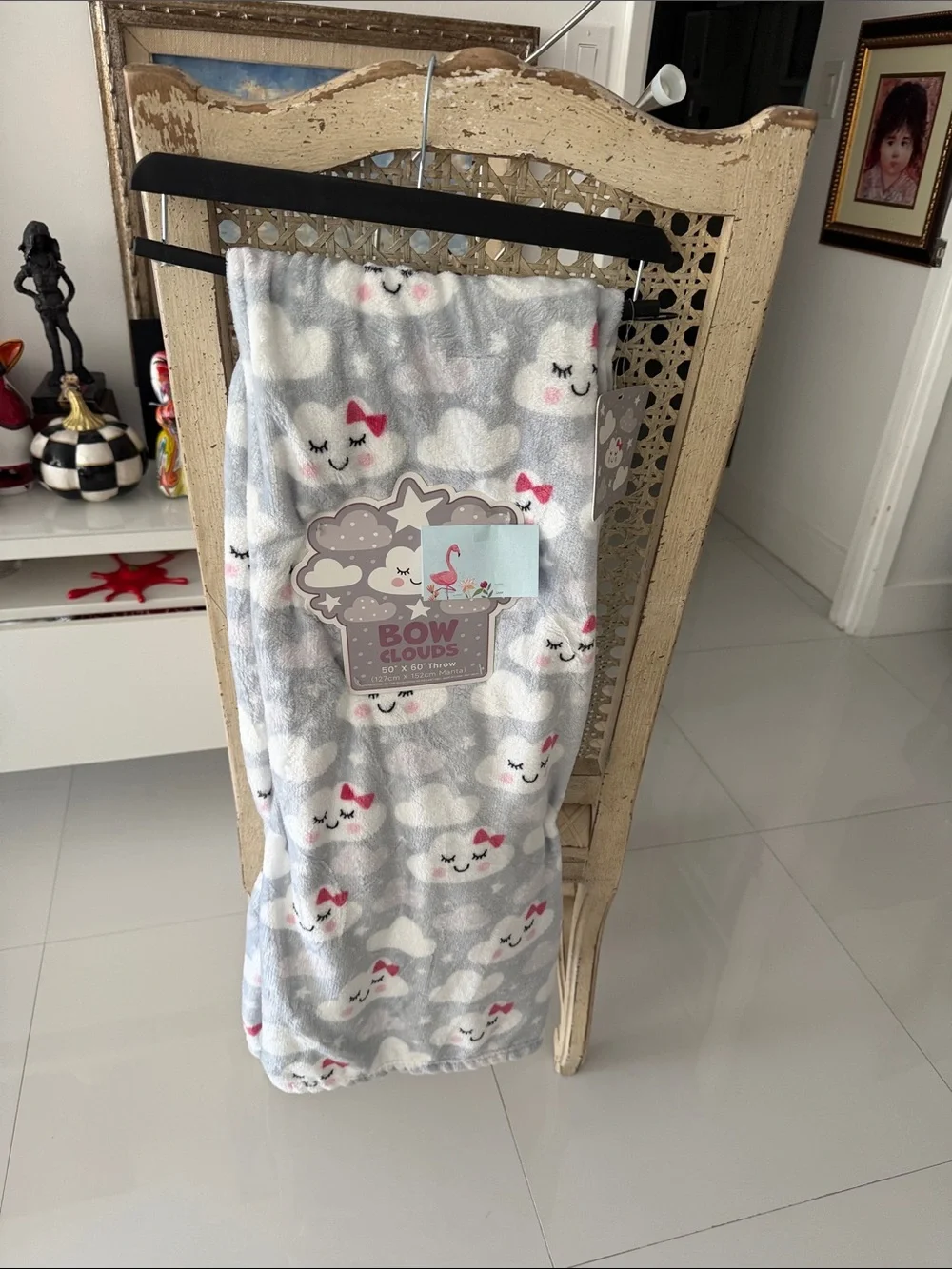 Bow Clouds Plush Gray with White Cloud & Pink Bow Pattern Throw Blanket